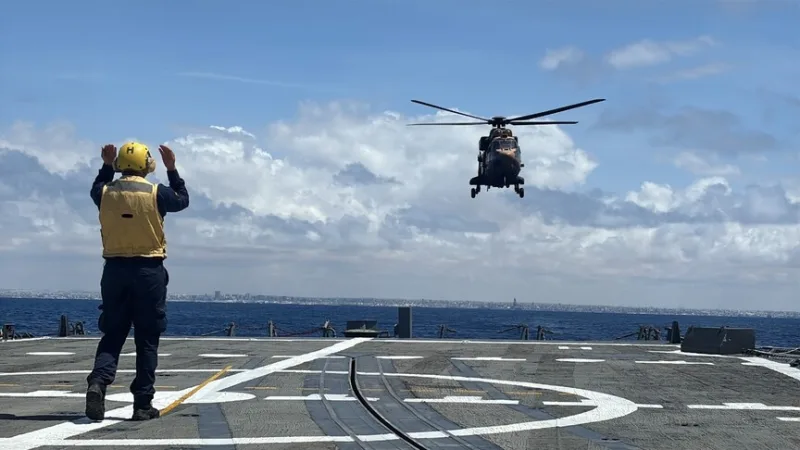 Turkish helicopters conduct ship-based takeoff and landing training off the coast of Somalia